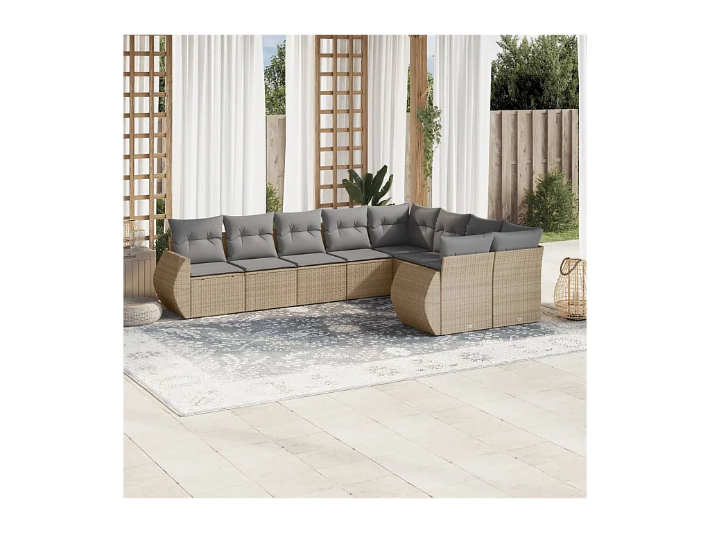 Salon de jardin avec coussins 9 pcs beige résine tressée