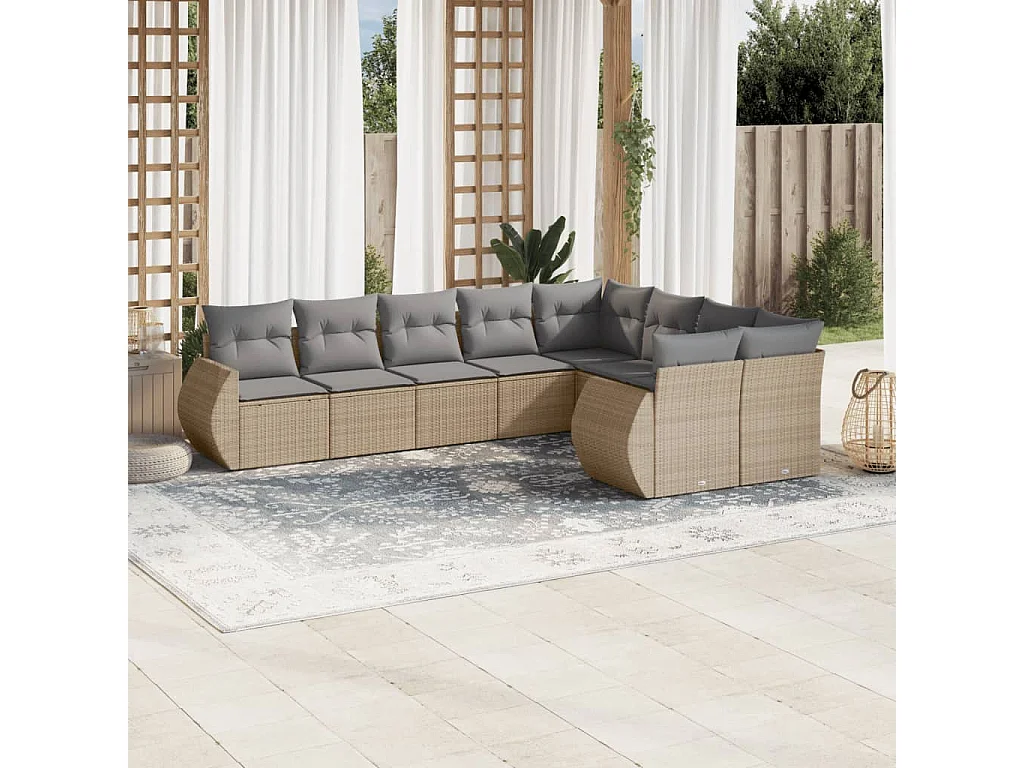 Salon de jardin avec coussins 9 pcs beige résine tressée