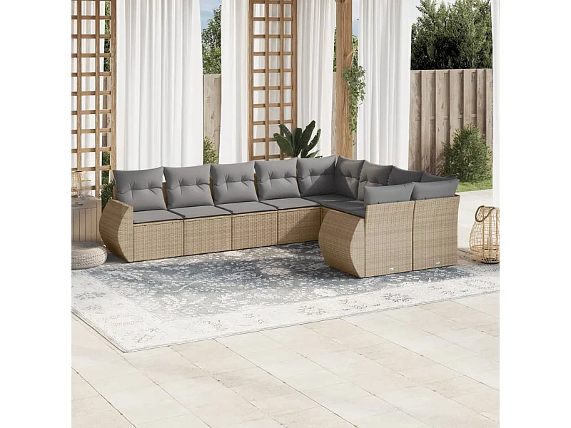 Set Divano da Giardino 9 pz con Cuscini Beige in Polyrattan