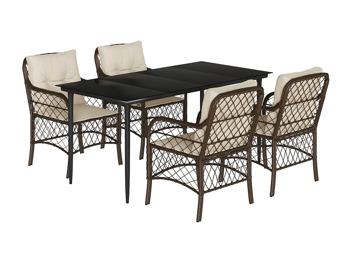 Set da Pranzo da Giardino 5pz con Cuscini in Polyrattan Marrone