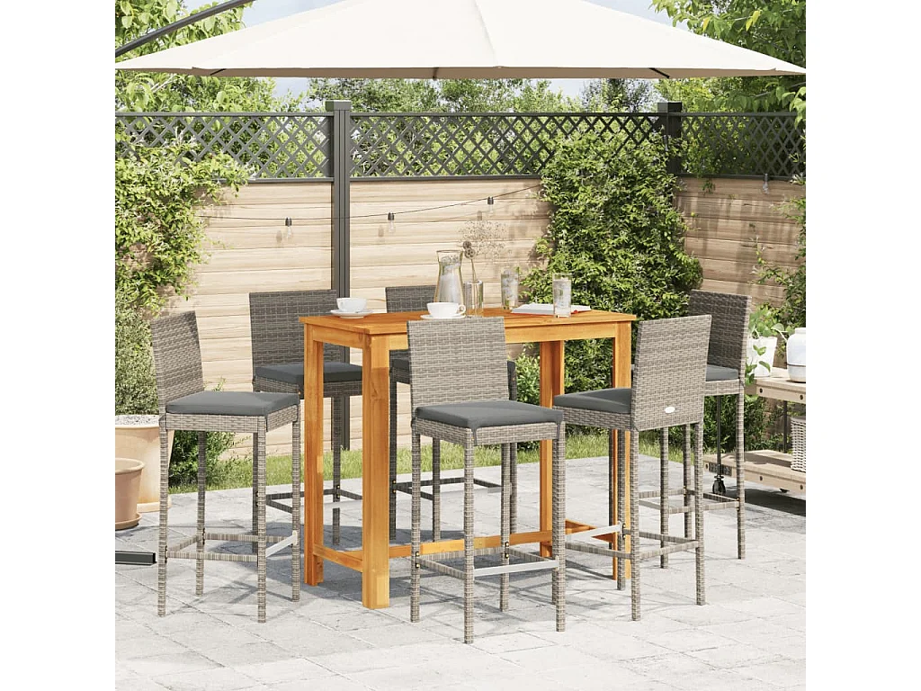 Mesa y taburetes de jardín 7 pzas madera acacia ratán PE gris