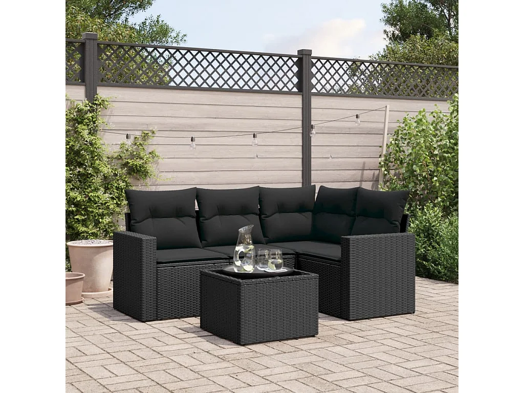 5-tlg. Garten-Sofagarnitur mit Kissen Schwarz Poly Rattan