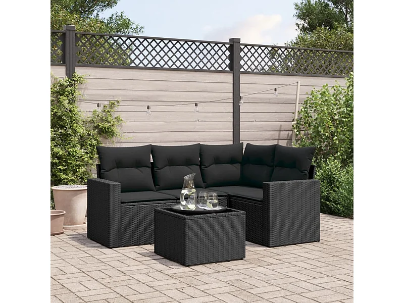 5-tlg. Garten-Sofagarnitur mit Kissen Schwarz Poly Rattan
