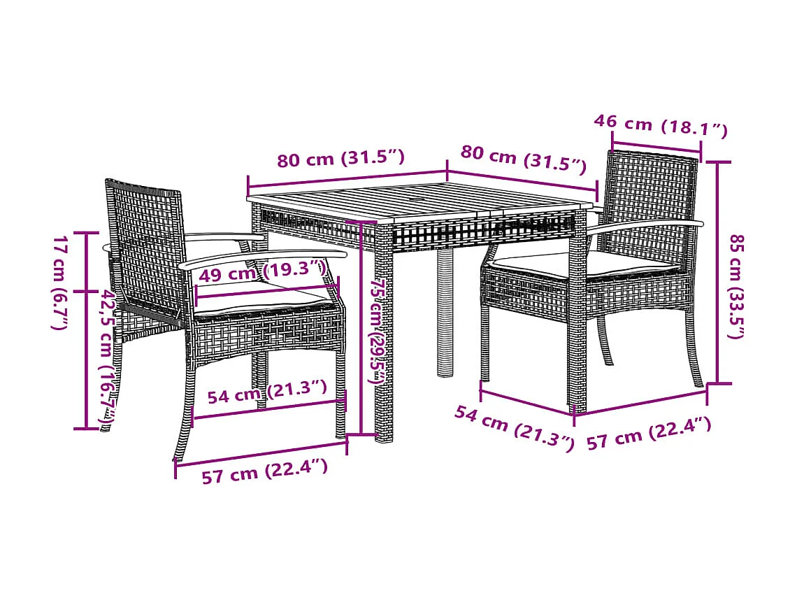 Set da Pranzo da Giardino 3 pz con Cuscini in Polyrattan Grigio