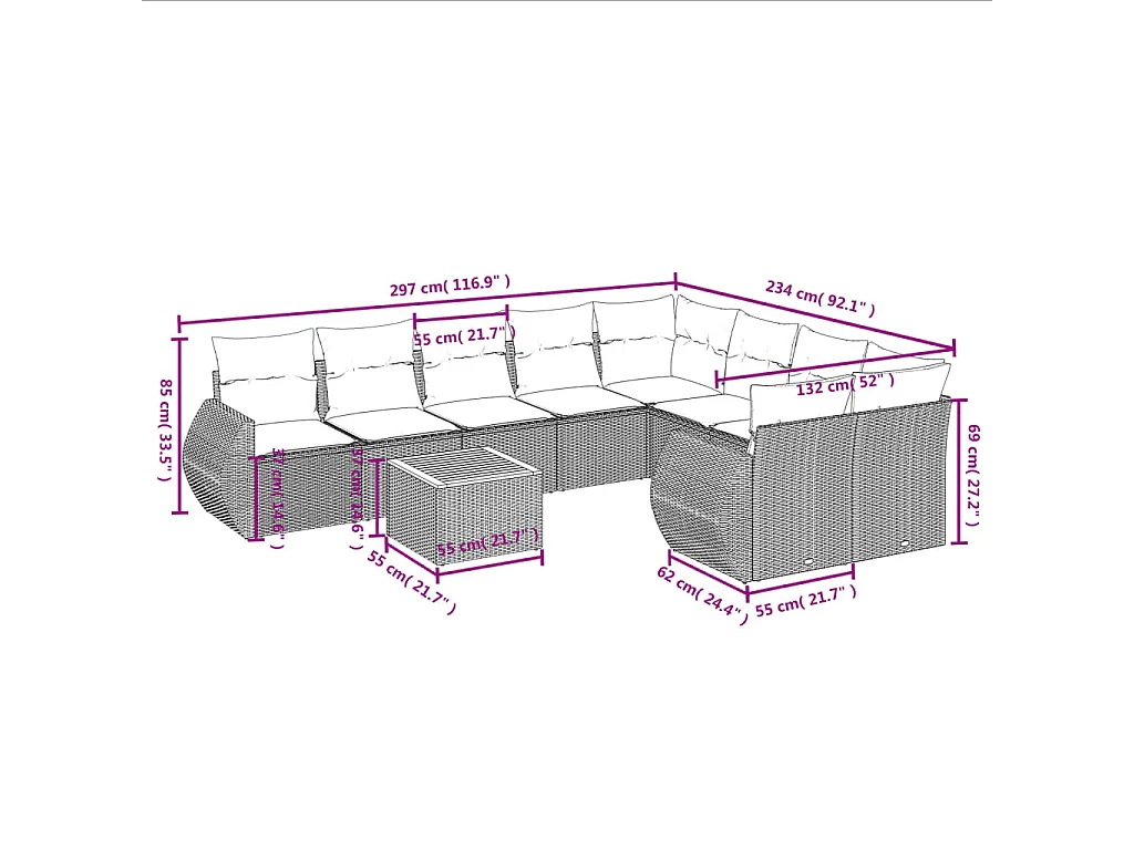 Set Divani da Giardino 10pz con Cuscini in Polyrattan Nero