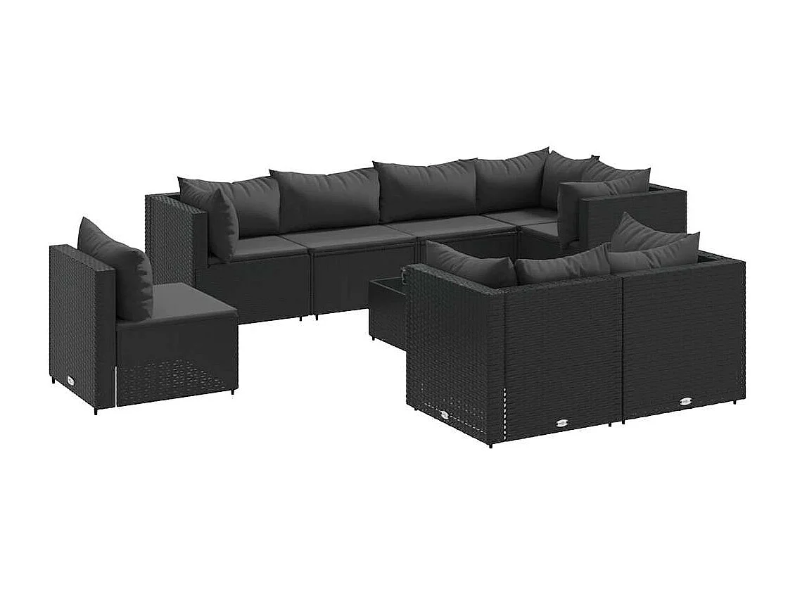 9 pcs conjunto lounge de jardim c/ almofadões vime PE preto