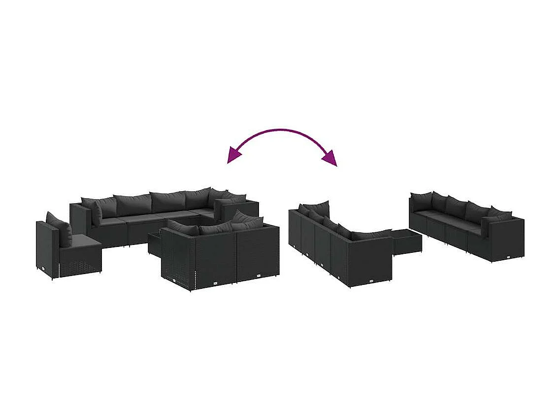 9 pcs conjunto lounge de jardim c/ almofadões vime PE preto
