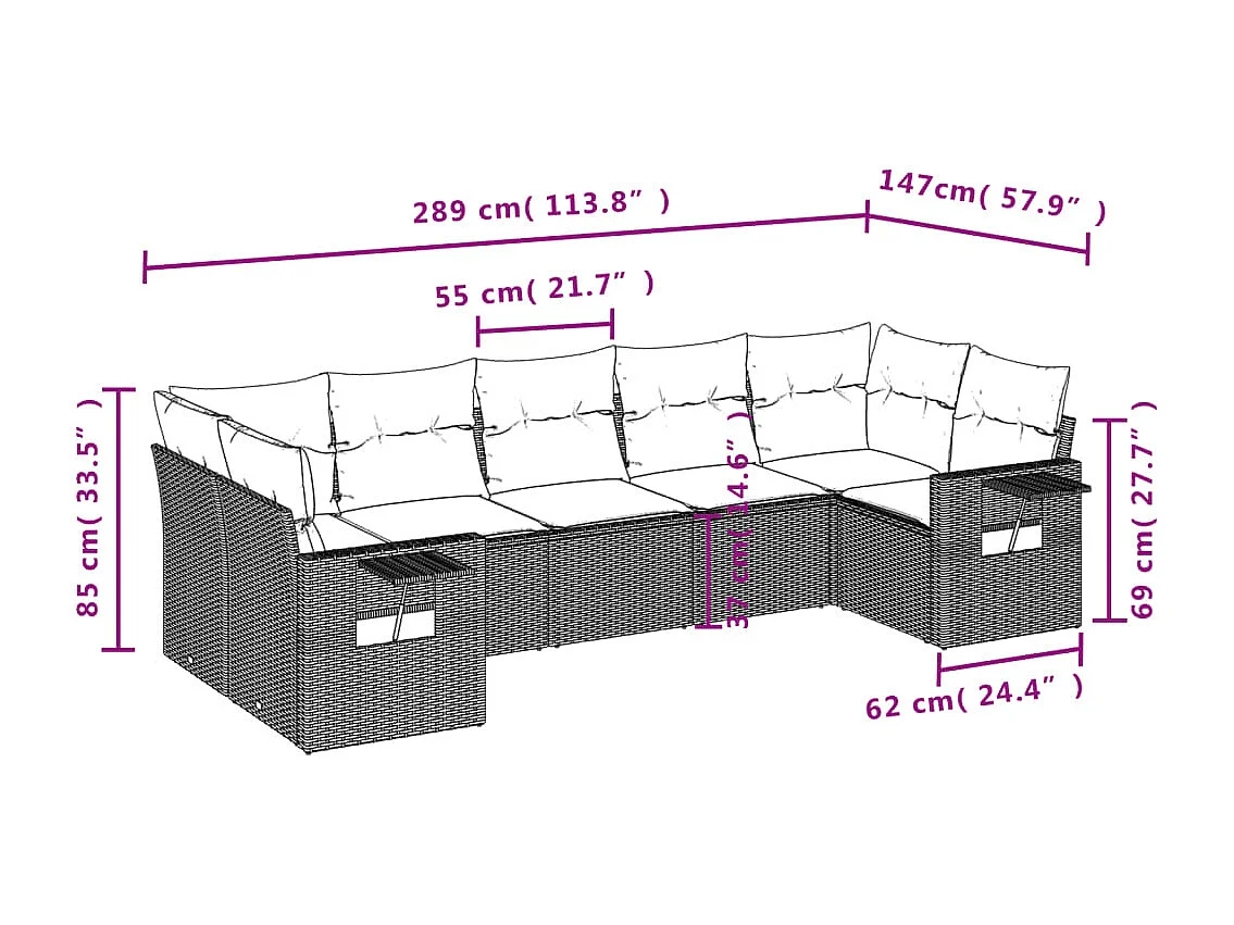 7 pcs conjunto de sofás jardim c/ almofadões vime PE castanho