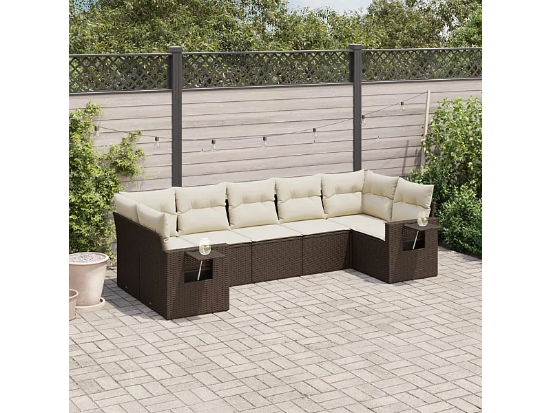 Salon de jardin avec coussins 7 pcs marron résine tressée