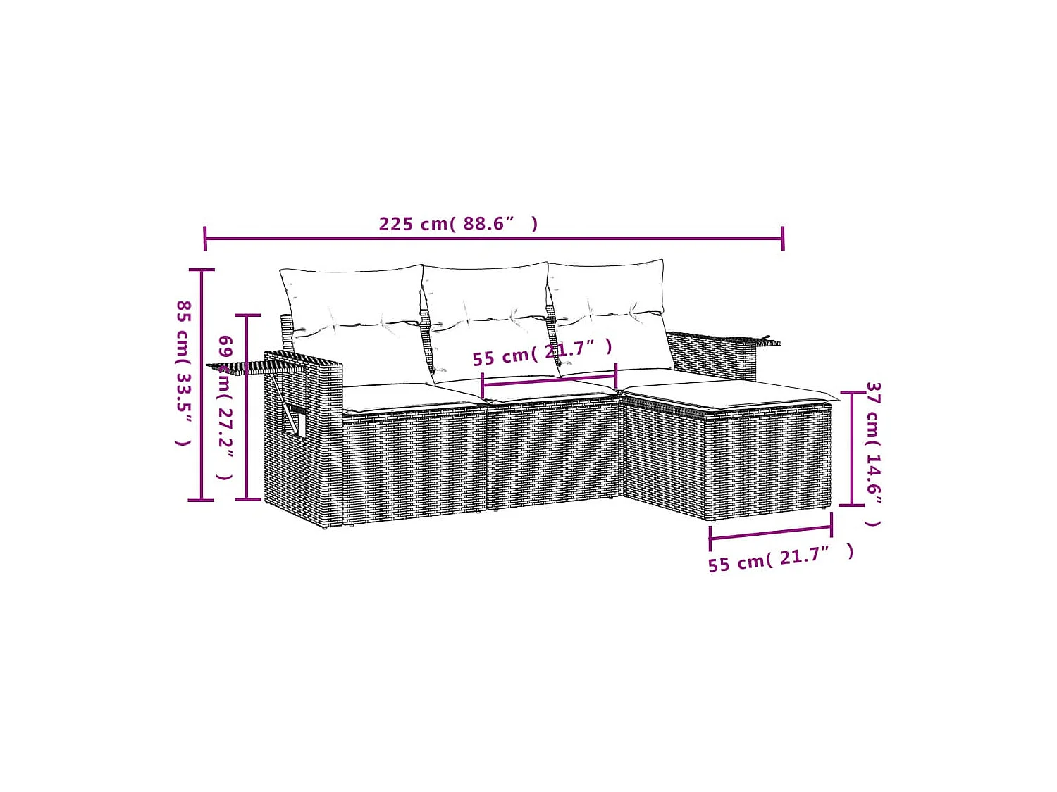 Salon de jardin 4 pcs avec coussins marron résine tressée