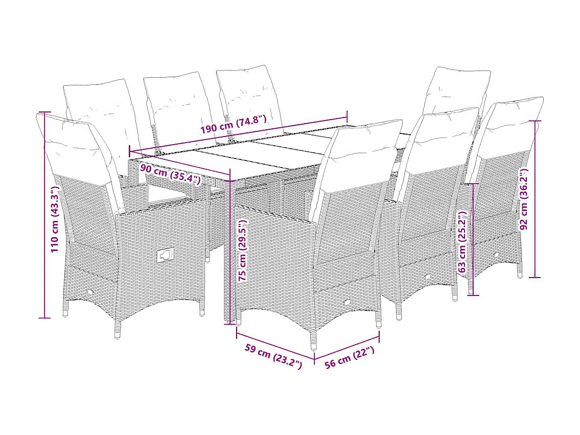 Ensemble à manger de jardin et coussins 9 pcs marron poly rotin