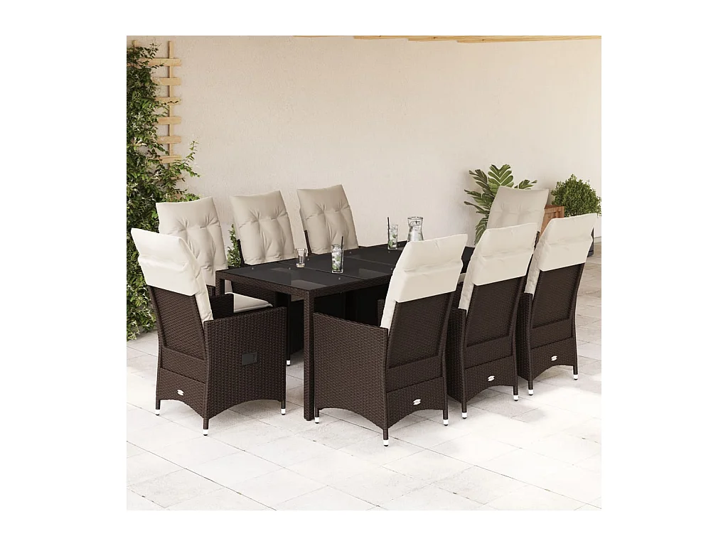 Ensemble à manger de jardin et coussins 9 pcs marron poly rotin