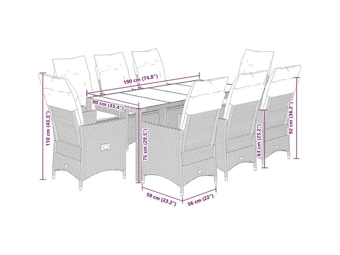 Ensemble à manger de jardin et coussins 9 pcs marron poly rotin