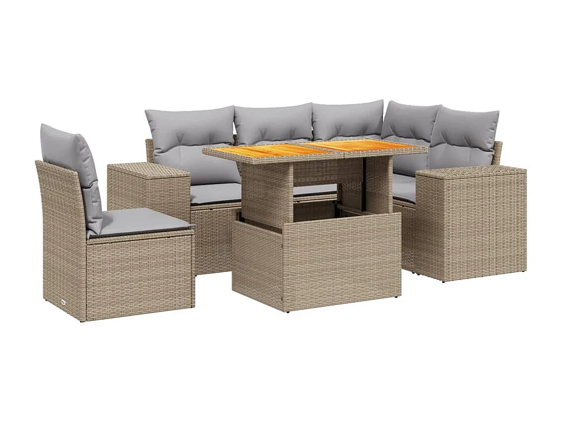 6-tlg. Garten-Sofagarnitur mit Kissen Beige Poly Rattan