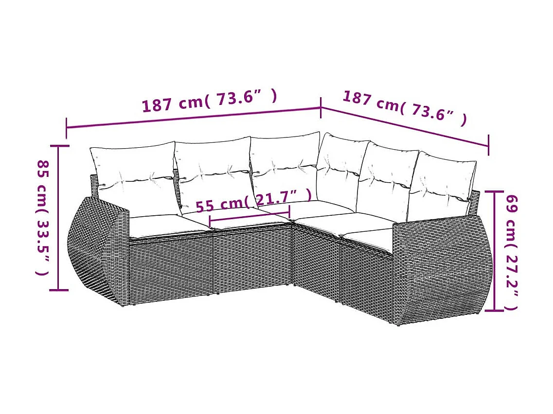 Salon de jardin 5 pcs avec coussins noir résine tressée