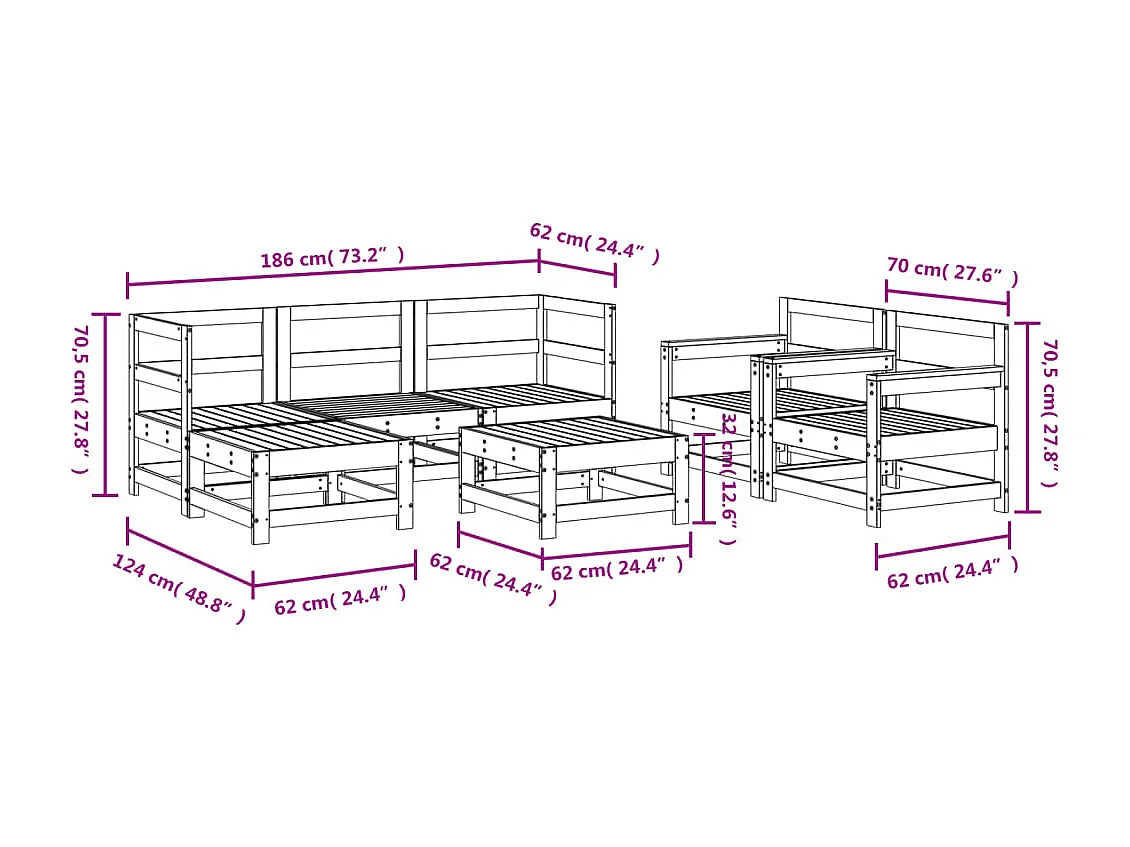 7 pcs conjunto lounge de jardim pinho maciço branco