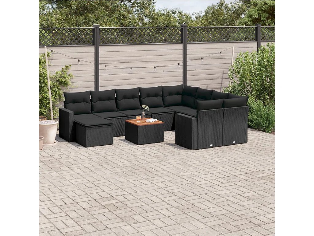 11-tlg. Garten-Sofagarnitur mit Kissen Schwarz Poly Rattan