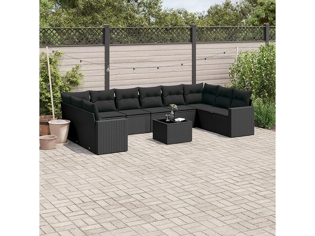 Set Divani da Giardino 11 pz con Cuscini in Polyrattan Nero