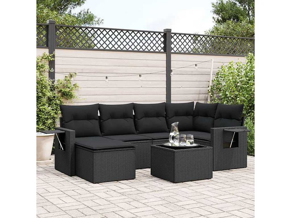 7-tlg. Garten-Sofagarnitur mit Kissen Schwarz Poly Rattan