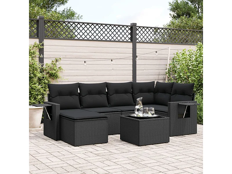 7-tlg. Garten-Sofagarnitur mit Kissen Schwarz Poly Rattan