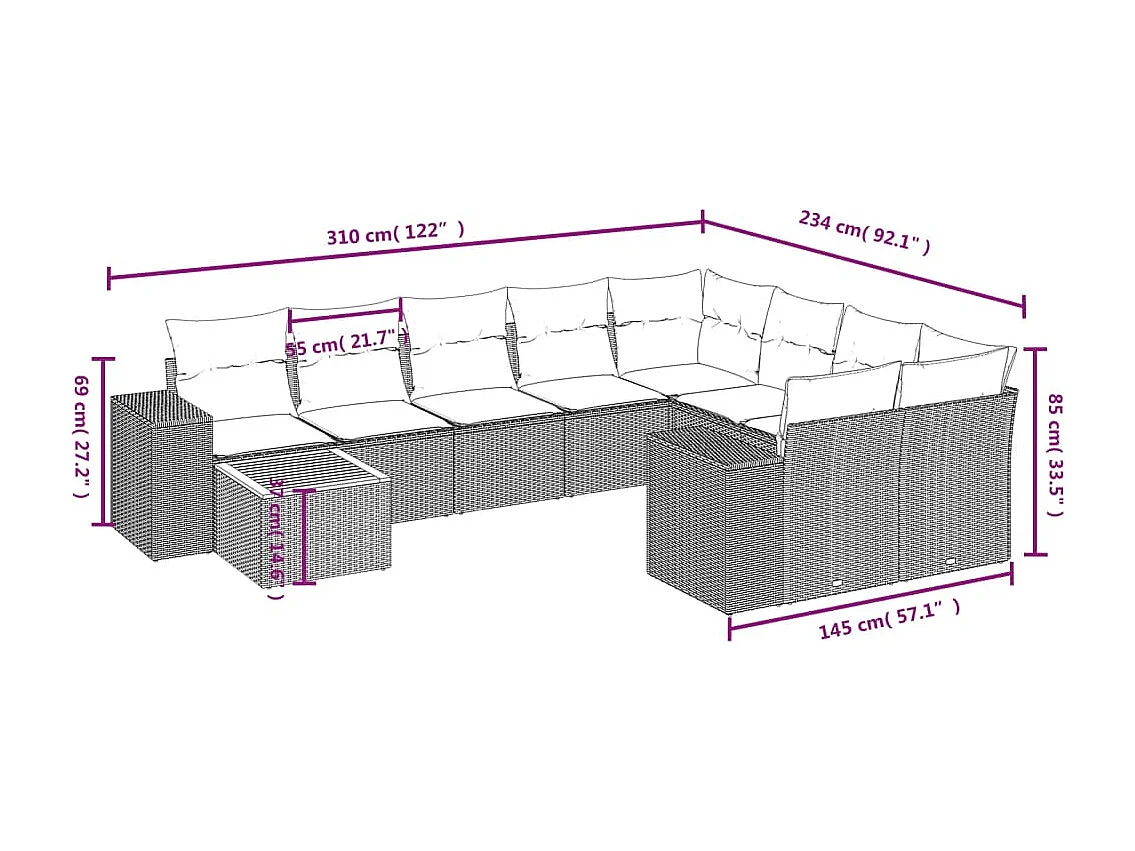 10-tlg. Garten-Sofagarnitur mit Kissen Schwarz Poly Rattan