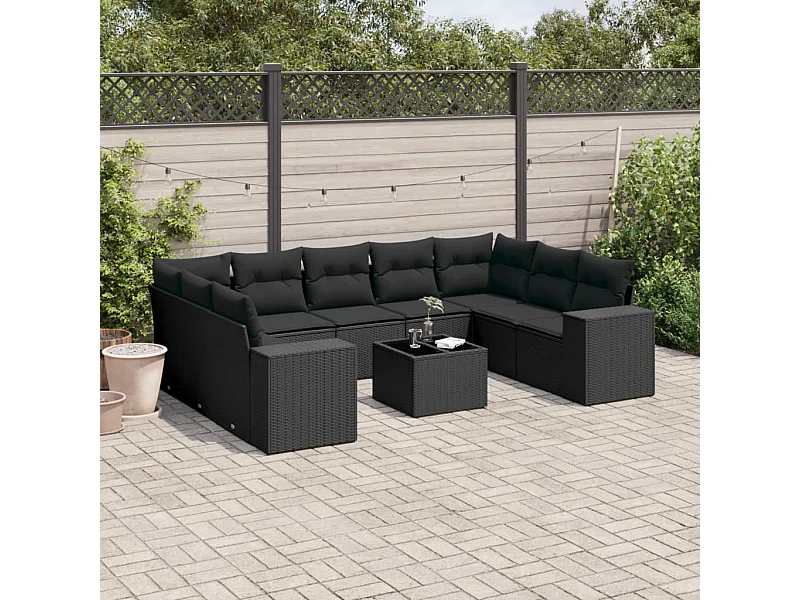 10-tlg. Garten-Sofagarnitur mit Kissen Schwarz Poly Rattan