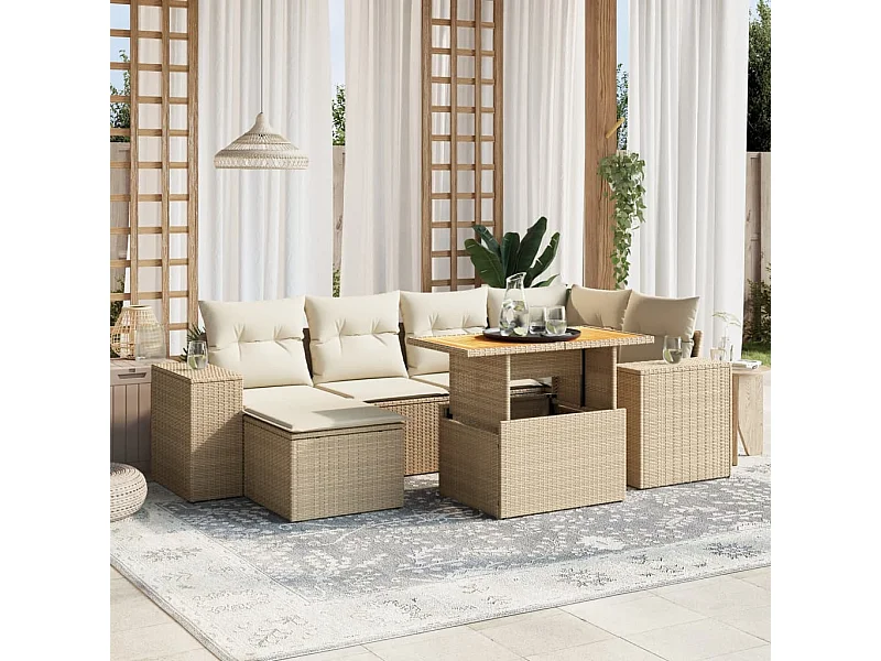 7-delige Loungeset met kussens poly rattan beige
