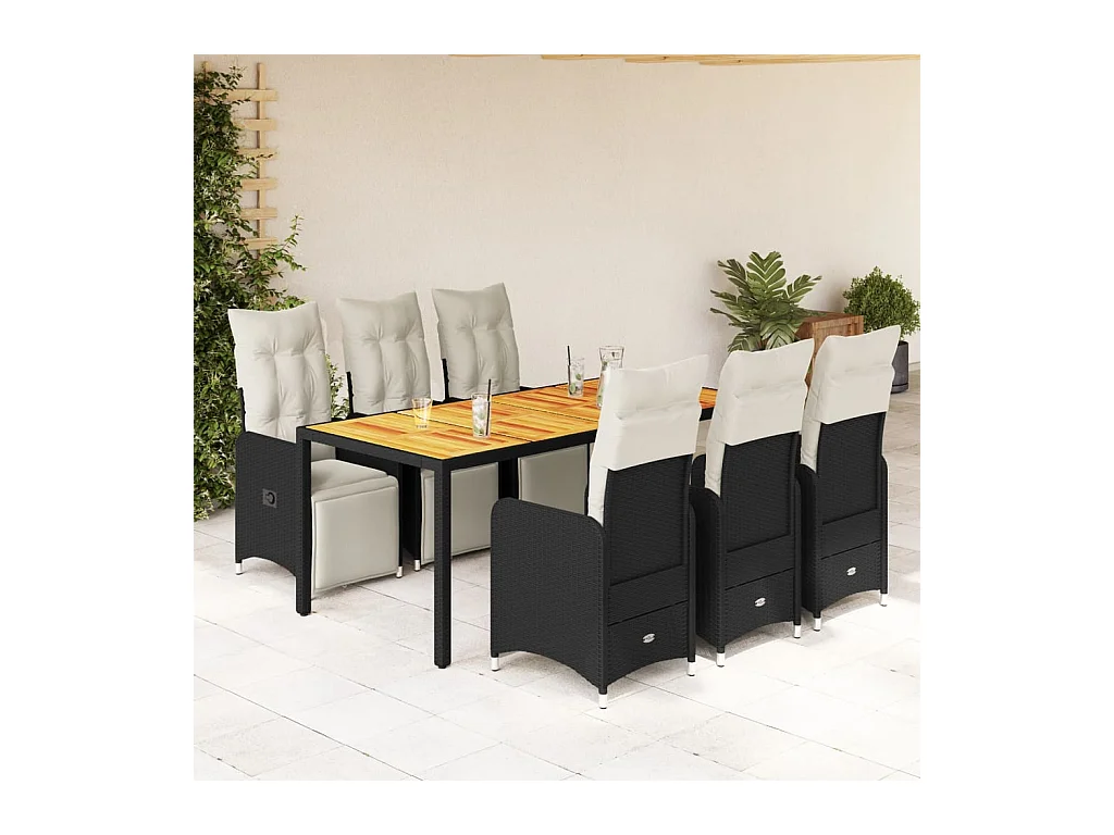 Ensemble de bistro de jardin 7 pcs coussins noir poly rotin