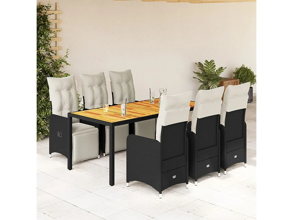 Ensemble de bistro de jardin 7 pcs coussins noir poly rotin