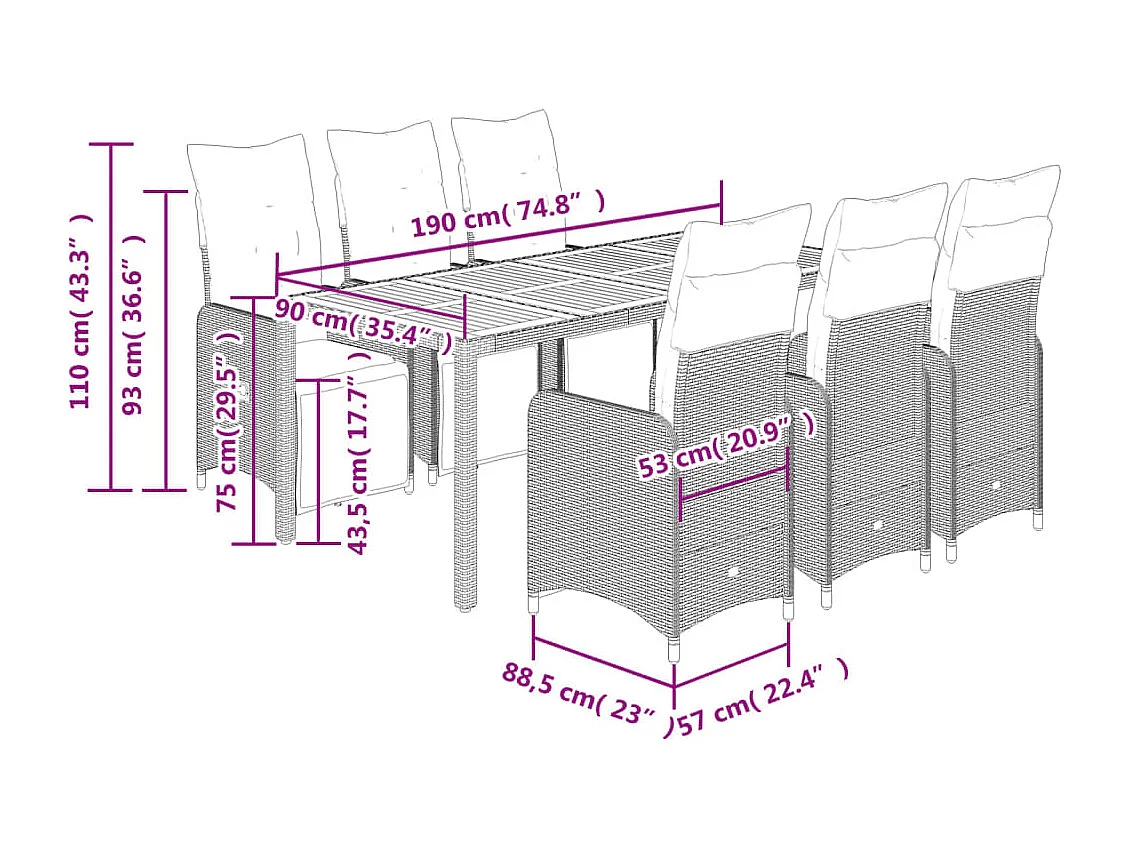 Ensemble de bistro de jardin 7 pcs coussins noir poly rotin
