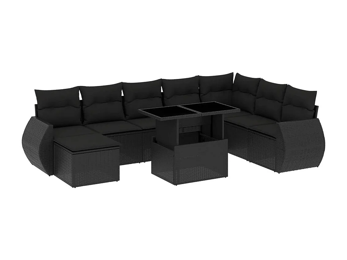 9-tlg. Garten-Sofagarnitur mit Kissen Schwarz Poly Rattan