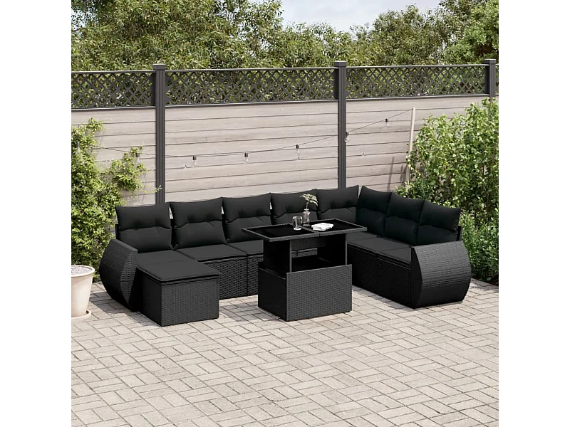 9-tlg. Garten-Sofagarnitur mit Kissen Schwarz Poly Rattan