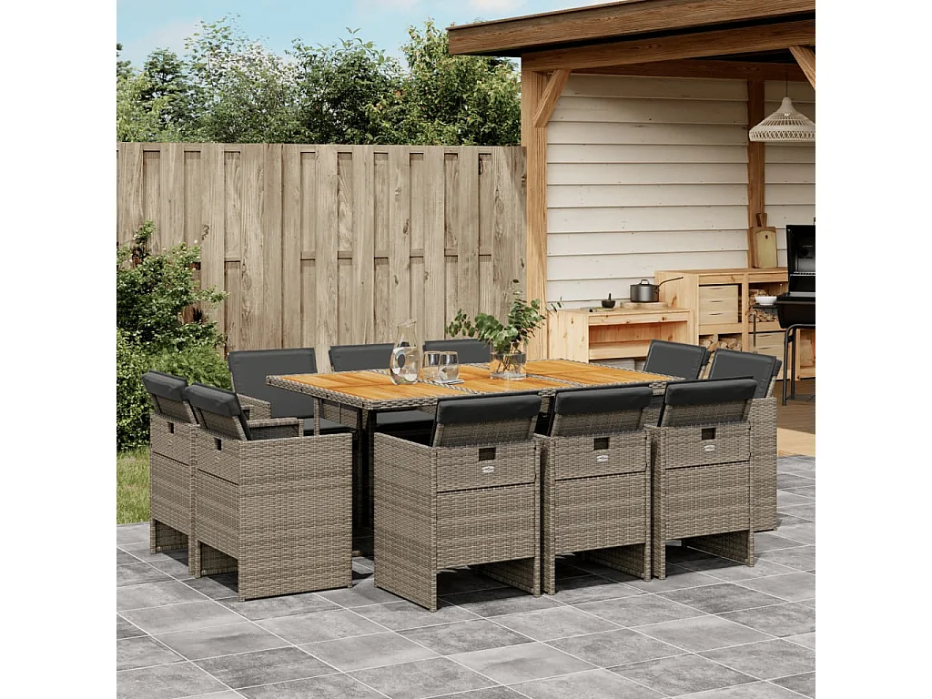 Ensemble à manger de jardin 11pcs avec coussins gris poly rotin