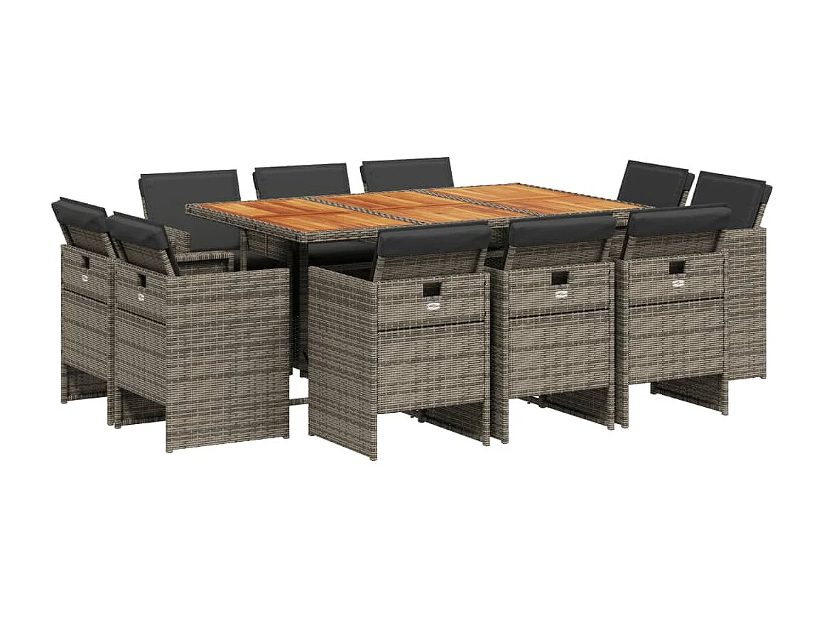 Ensemble à manger de jardin 11pcs avec coussins gris poly rotin