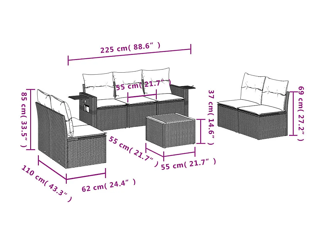 8-tlg. Garten-Sofagarnitur mit Kissen Schwarz Poly Rattan