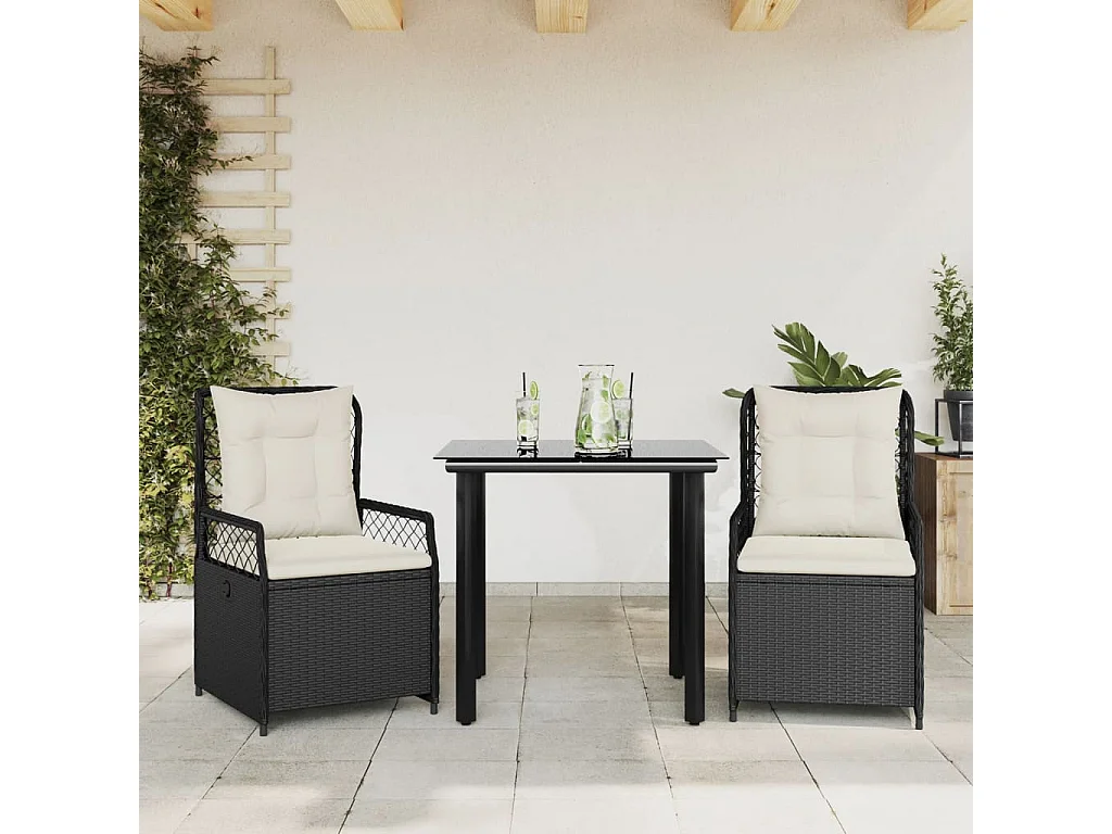 Set da Pranzo da Giardino 3 pz con Cuscini Nero in Polyrattan