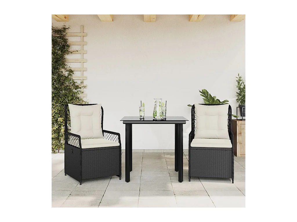 Set comedor de jardín 3 pzas con cojines ratán sintético negro