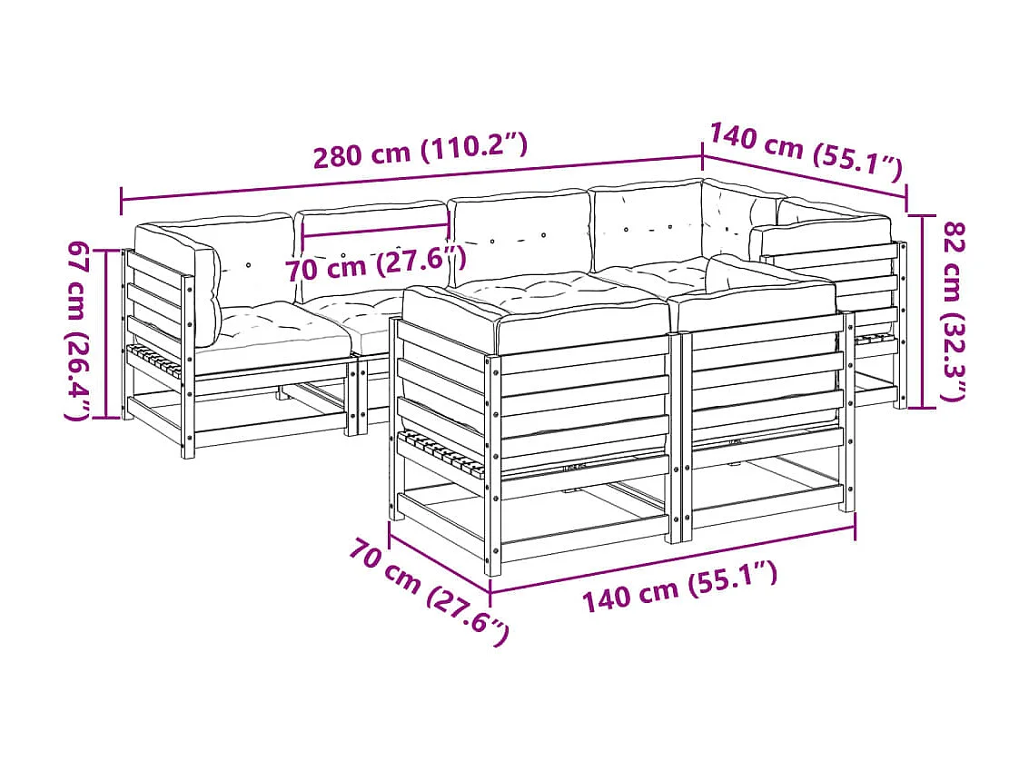 Salon de jardin 7 pcs avec coussins bois de pin imprégné