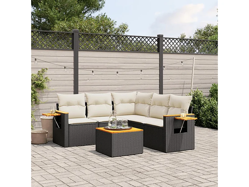 6-tlg. Garten-Sofagarnitur mit Kissen Schwarz Poly Rattan