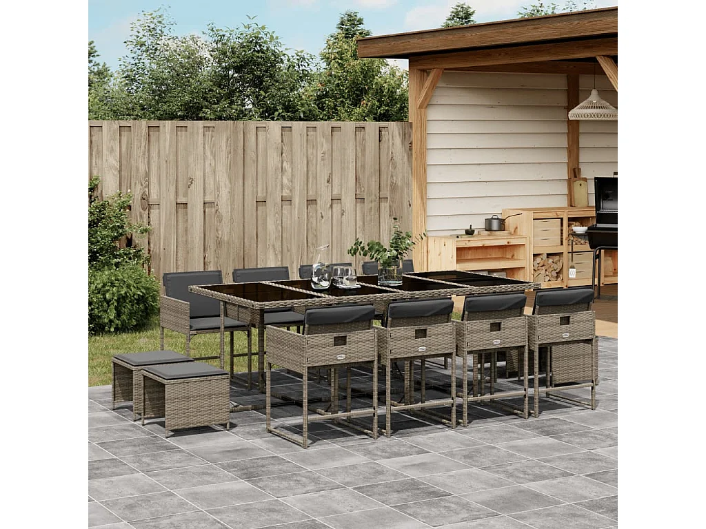 Set comedor de jardín con cojines 13 pzas ratán sintético gris