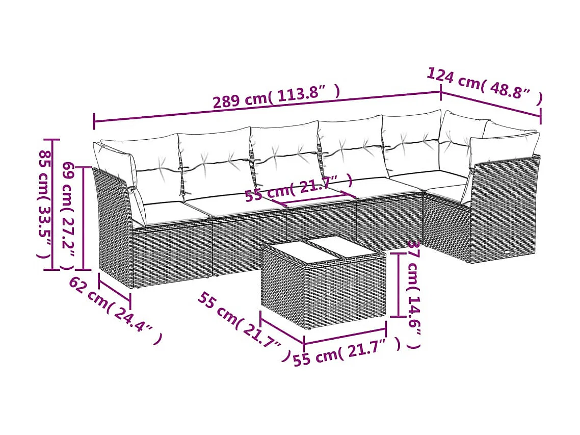 Salon de jardin avec coussins 7 pcs gris clair résine tressée