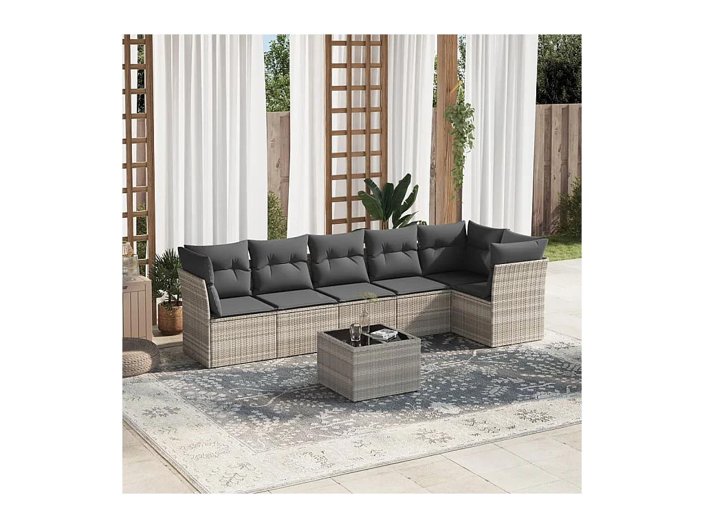 Set Divani da Giardino 7pz con Cuscini Grigio Chiaro Polyrattan