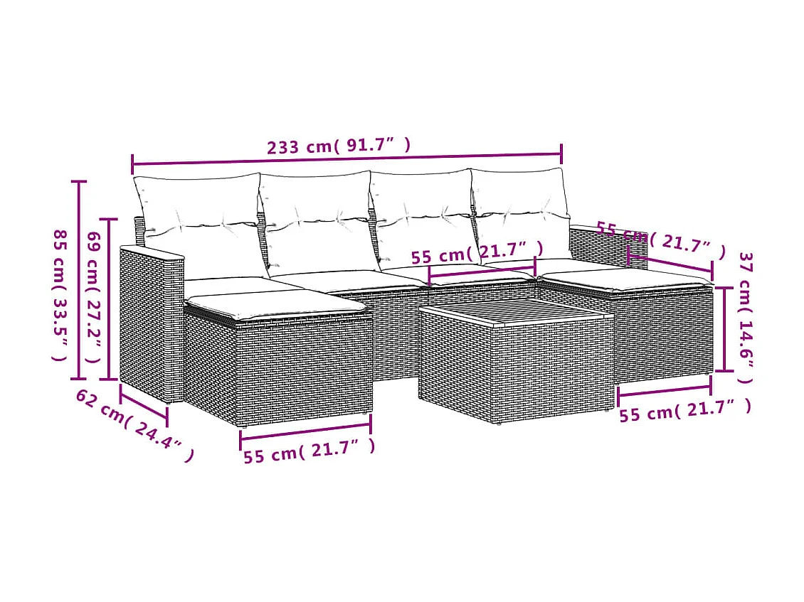Salon de jardin avec coussins 7 pcs gris résine tressée