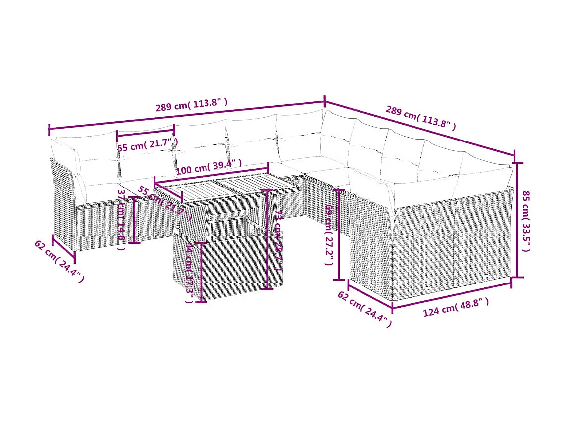 Set Divani da Giardino 11 pz con Cuscini in Polyrattan Nero