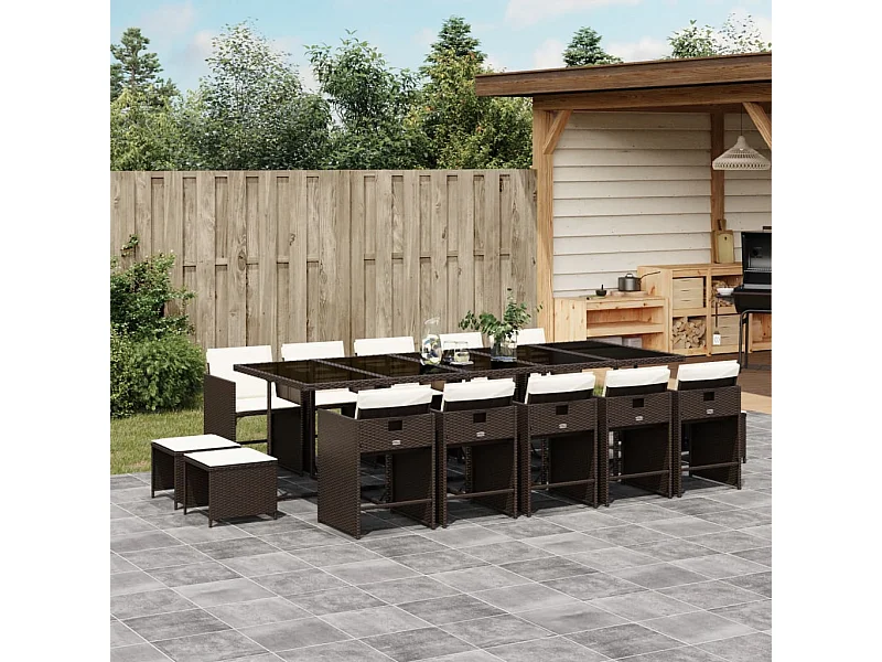 Ensemble à manger de jardin avec coussins 15 pcs marron rotin