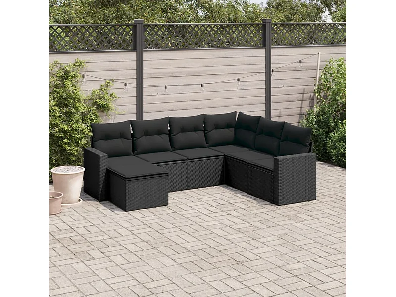 Set Divani da Giardino con Cuscini 7pz Nero Polyrattan