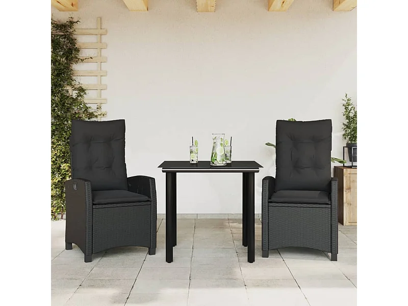 Set comedor de jardín 3 pzas con cojines ratán sintético negro