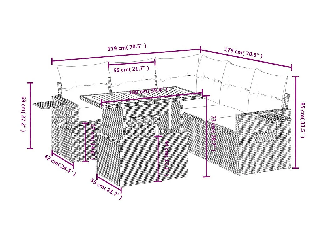 6 pcs conjunto de sofás p/ jardim com almofadões vime PE bege