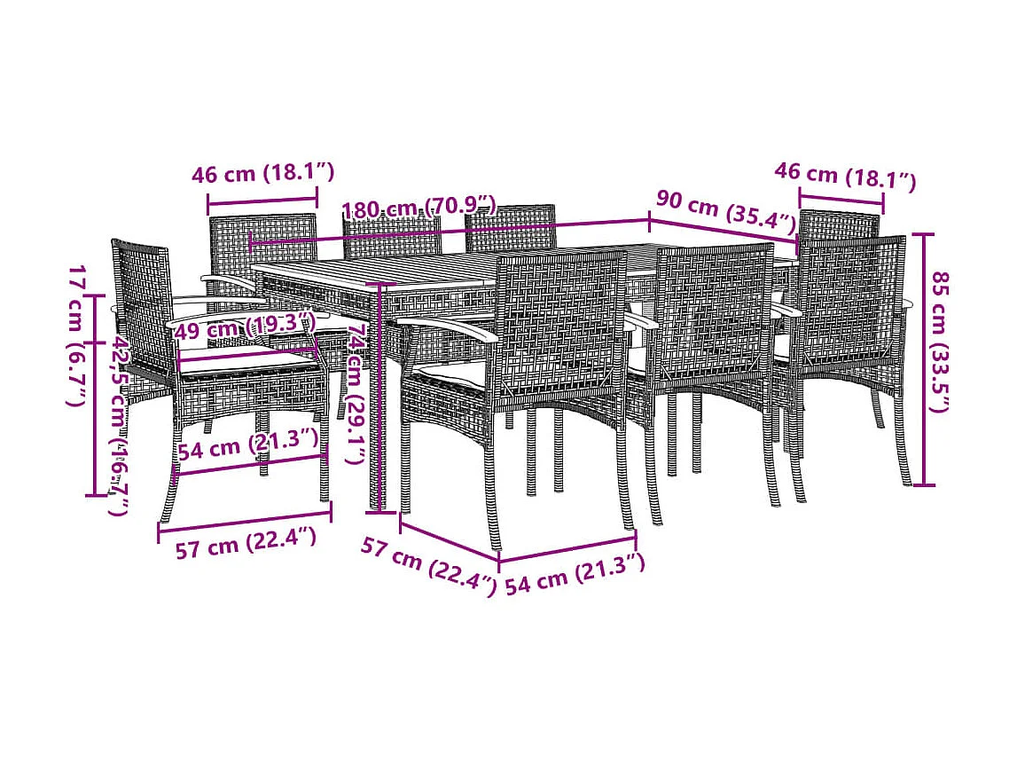 Set comedor jardín 9 pzas y cojines ratán sintético gris