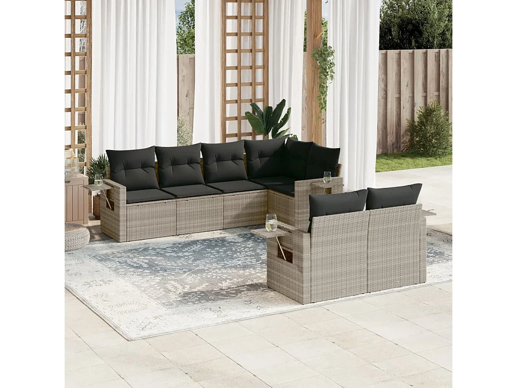 7-tlg. Garten-Sofagarnitur mit Kissen Hellgrau Poly Rattan